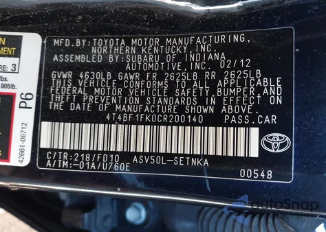 2012 Toyota Camry Le from USA, damaged, VIN 4T4BF1FK0CR200140